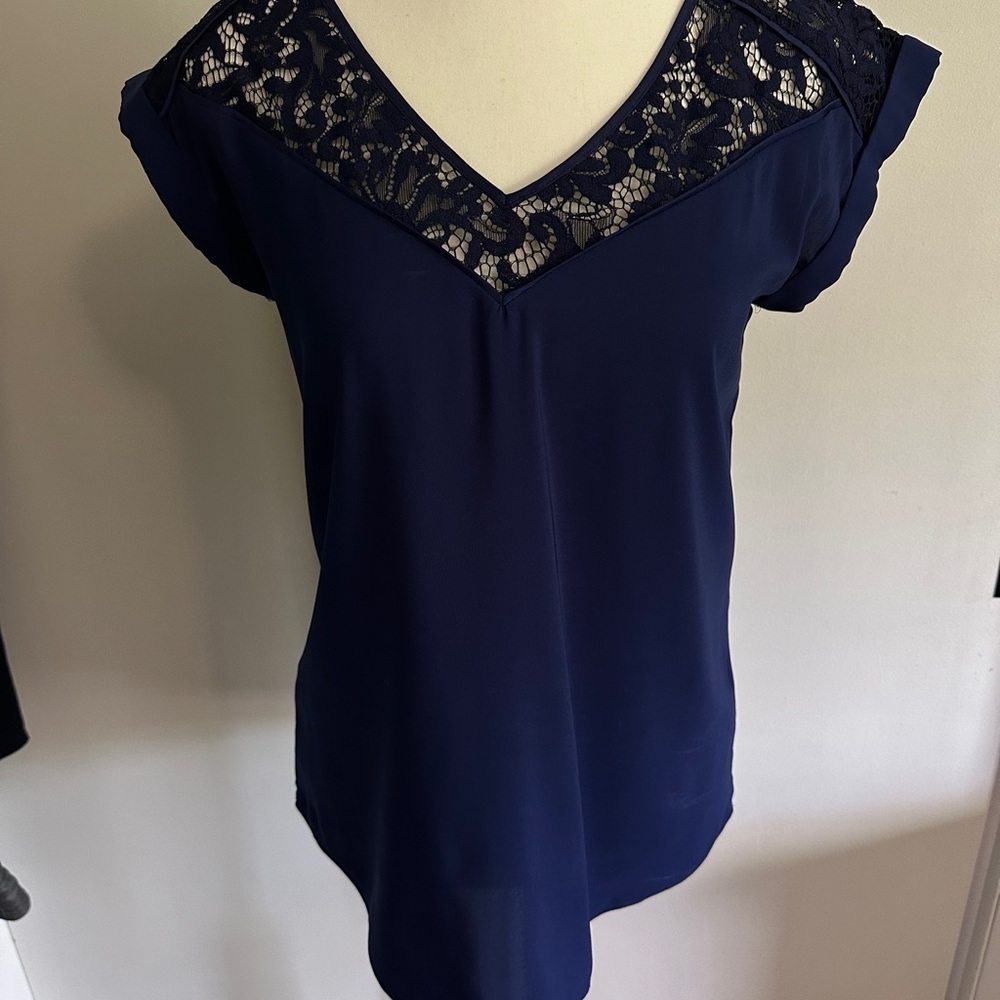 Express Blue Lace Asymmetrical Cap Sleeve Blouse
